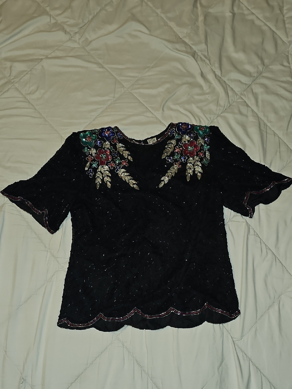 Laurence Kazar Black Short-Sleeve Embroidered Sequin Floral Top